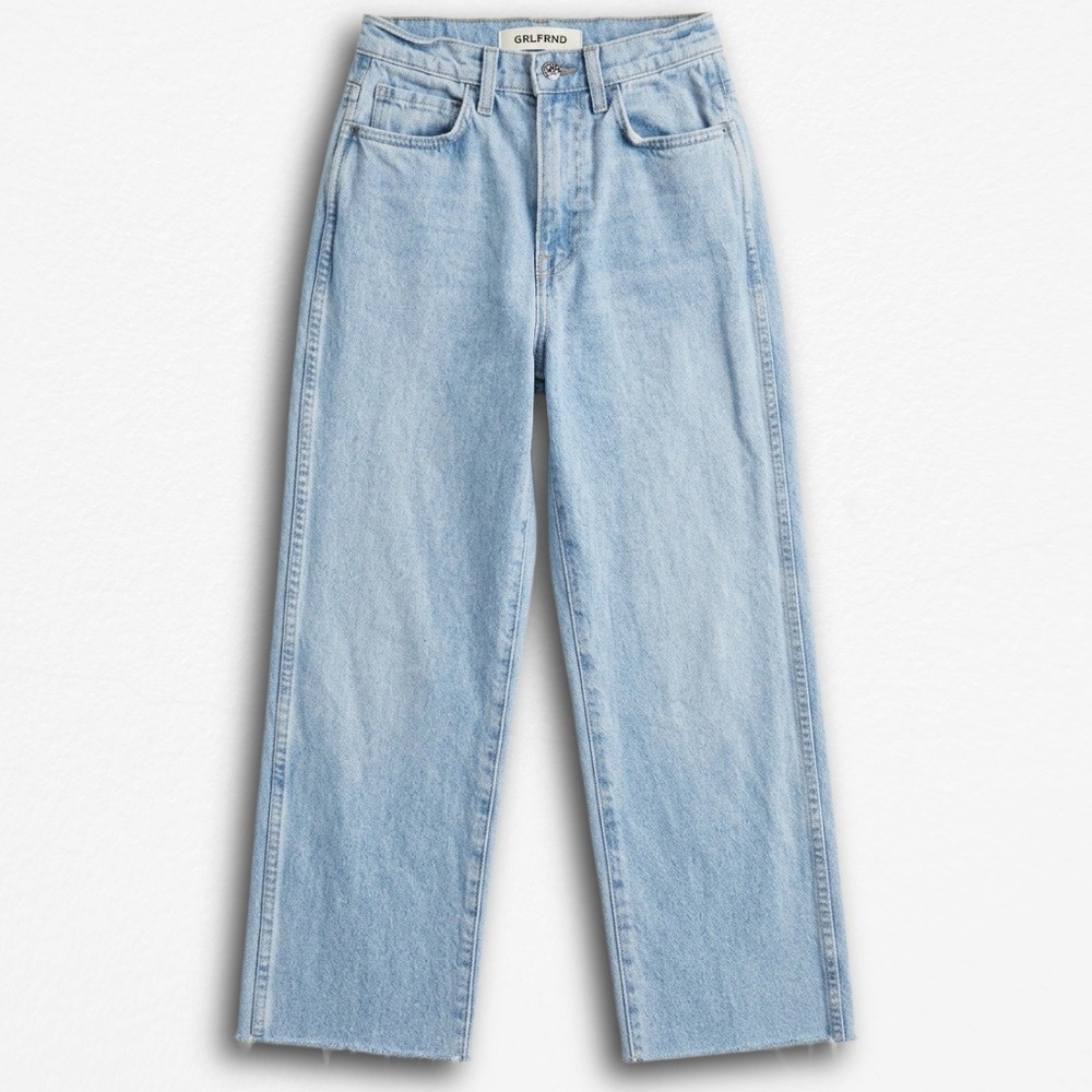 GRLFRND High Waisted Baggy Wide Leg Jeans Light Wash Raw Hem Size 24